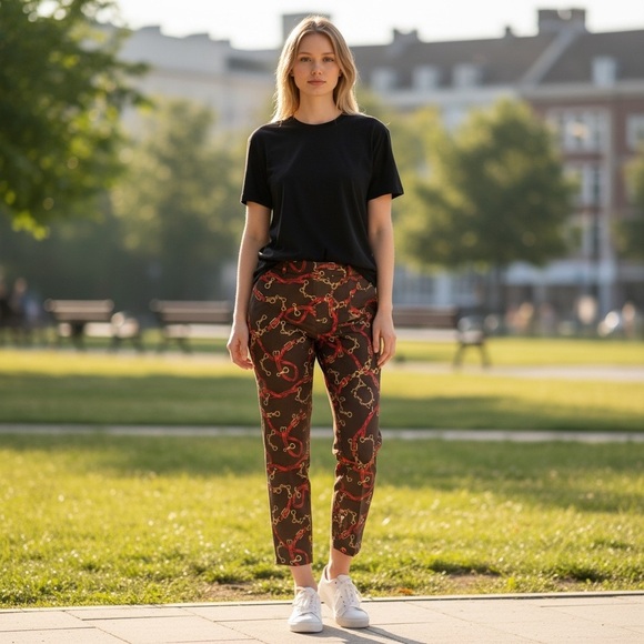 Zara Pants - Zara chocolate brown, gold , and Red Patterned Cropped Pants A309 measure in pic